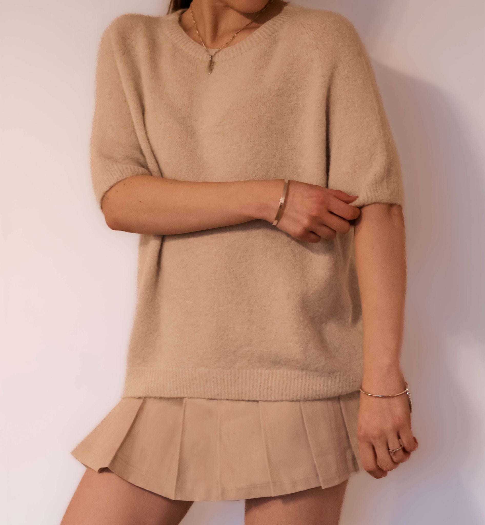 Beige Short Sleeve Knit Jumper