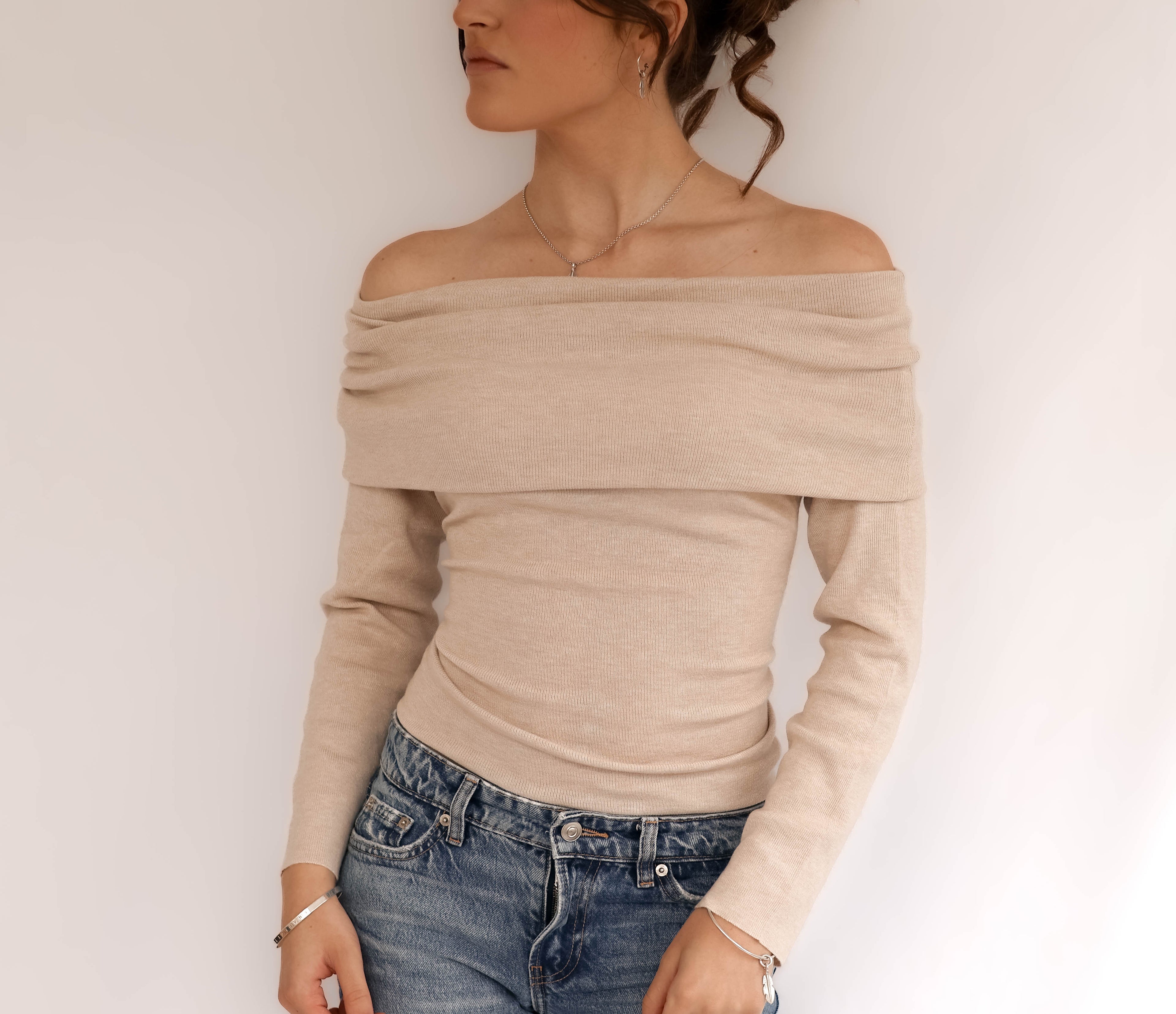 Beige Off Shoulder Jumper