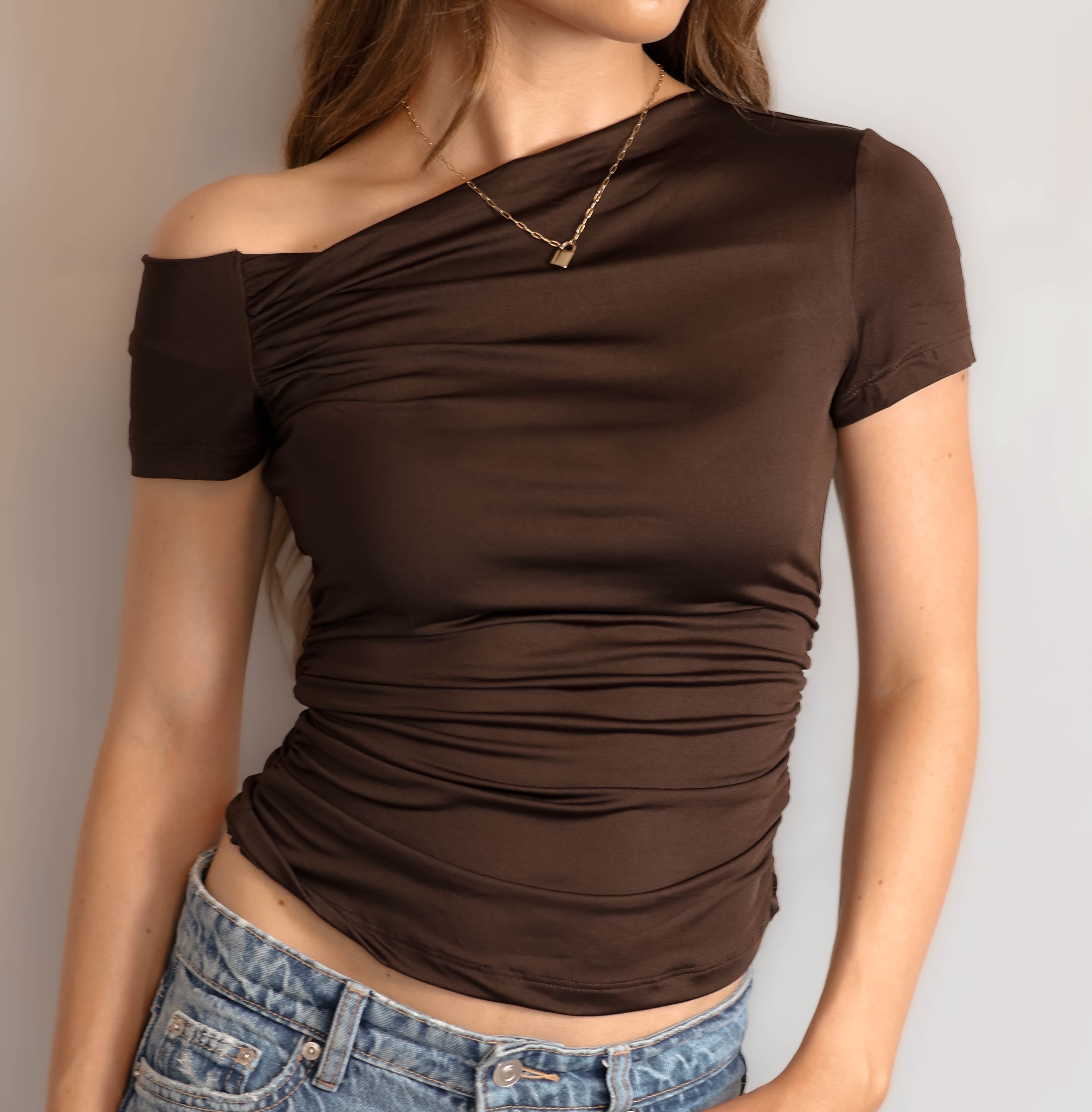 Ruched One Shoulder Short Sleeve Top
